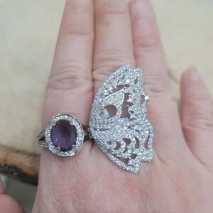 Brand New S925 Silver Purple Butterfly Rhinestone Double Fingers Ring Adjustable